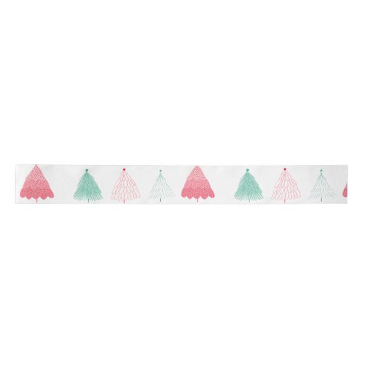 Whimsical Green en Pink Trees Kerstmis Satijnen Lint (Voorkant)