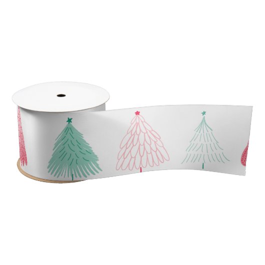 Whimsical Green en Pink Trees Kerstmis Satijnen Lint (Spoel)