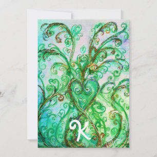 WHIMSICAL GREEN FLOURISHES HEART FLORAL MONOGRAM KAART