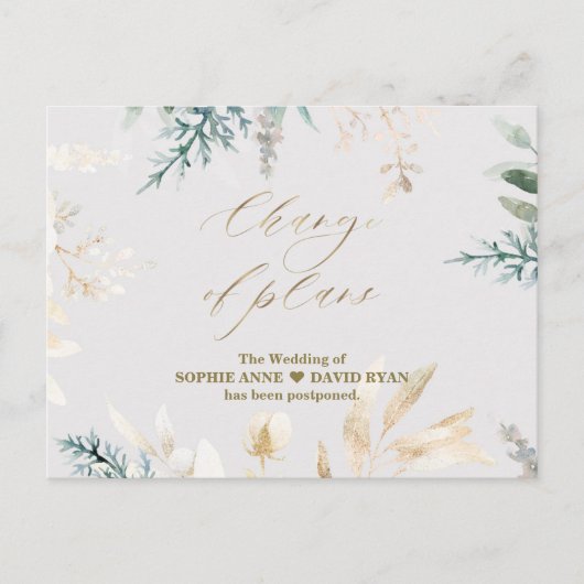 Whimsical Green Gold Change of Plans Wedding Briefkaart (Voorkant)