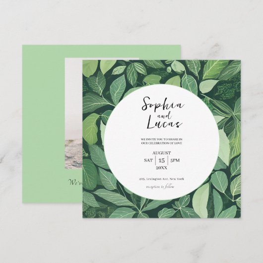 Whimsical Green Leaves Huwelijksuitnodiging Kaart (Voorkant / Achterkant)