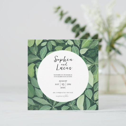Whimsical Green Leaves Huwelijksuitnodiging Kaart (Staand voorkant)