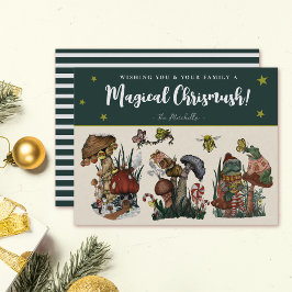 Whimsical Green Merry Mushroom en Kikkerst Feestdagenkaart