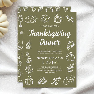 Whimsical Green Modern Doodle Thanksgiving Dinner Kaart