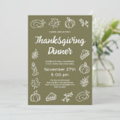 Whimsical Green Modern Doodle Thanksgiving Dinner Kaart (Staand voorkant)