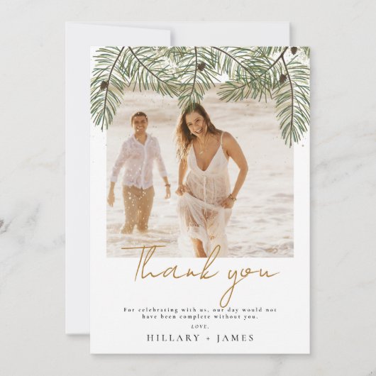 Whimsical Green Pine Photo Wedding Dank u kaart (Voorkant)