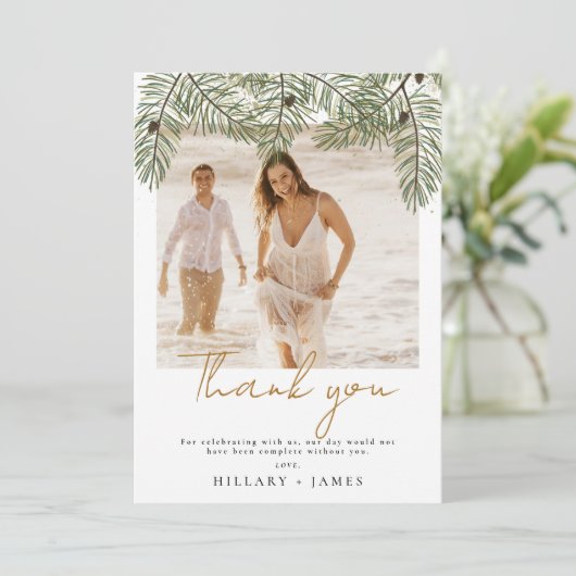 Whimsical Green Pine Photo Wedding Dank u kaart (Staand voorkant)