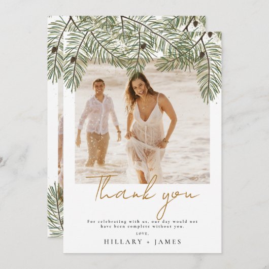 Whimsical Green Pine Photo Wedding Dank u kaart (Voorkant / Achterkant)