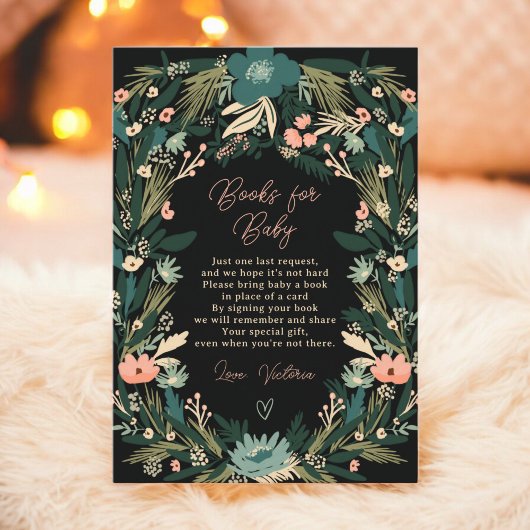 Whimsical Green Pink Floral Books Baby shower Informatiekaartje