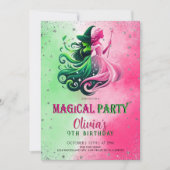 Whimsical Green & Pink Witch birthday Kaart (Voorkant)