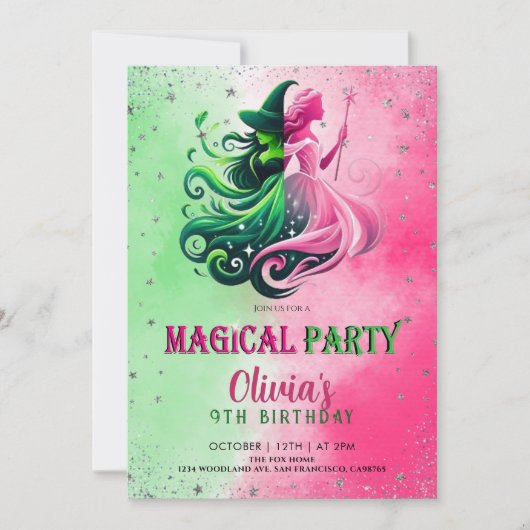 Whimsical Green & Pink Witch birthday Kaart (Voorkant)