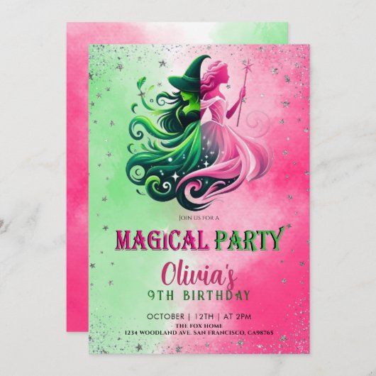 Whimsical Green & Pink Witch birthday Kaart (Voorkant / Achterkant)