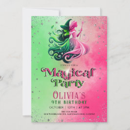 Whimsical Green & Pink Witch birthday Kaart