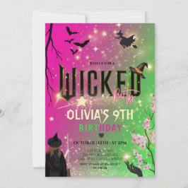 Whimsical Green & Pink Witch girl birthday Invitat Kaart