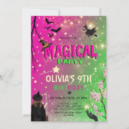 Whimsical Green & Pink Witch girl birthday Kaart