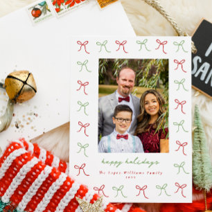 Whimsical Green & Red Hand Drawn Bows Lijst Foto Feestdagenkaart