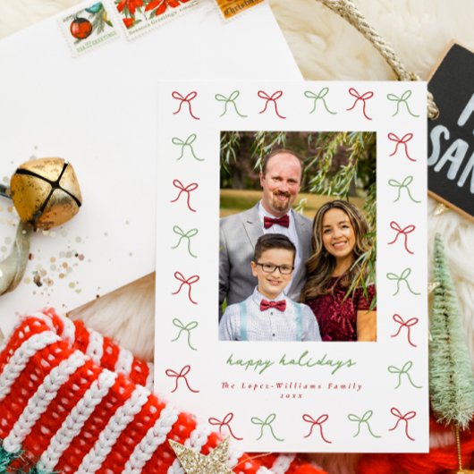 Whimsical Green & Red Hand Drawn Bows Lijst Foto Feestdagenkaart