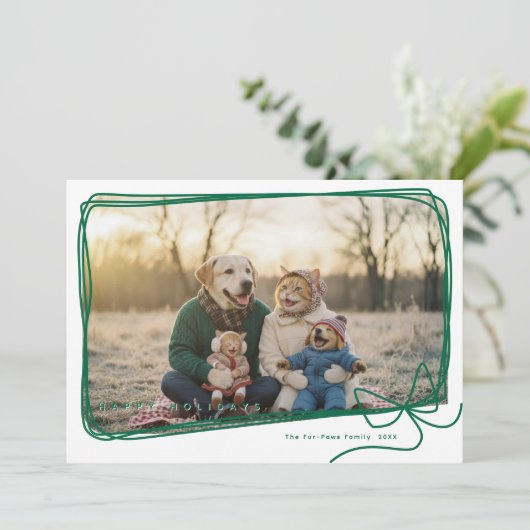Whimsical Green Ribbon Frame Holiday Photo Kaart (Staand voorkant)