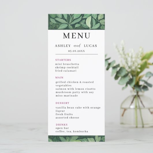 Whimsical Green verlaat bruiloft Menu (Staand voorkant)