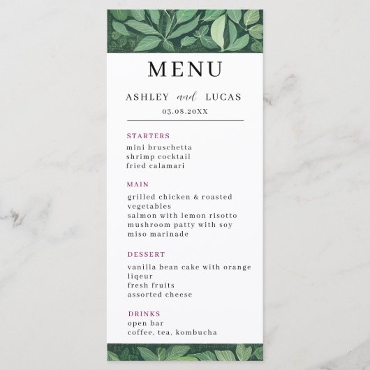 Whimsical Green verlaat bruiloft Menu (Voorkant)