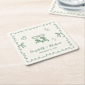 Whimsical Green Wavy Frame Cream Wedding Kartonnen Onderzetters (Schuin)