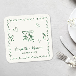 Whimsical Green Wavy Frame Cream Wedding Kartonnen Onderzetters