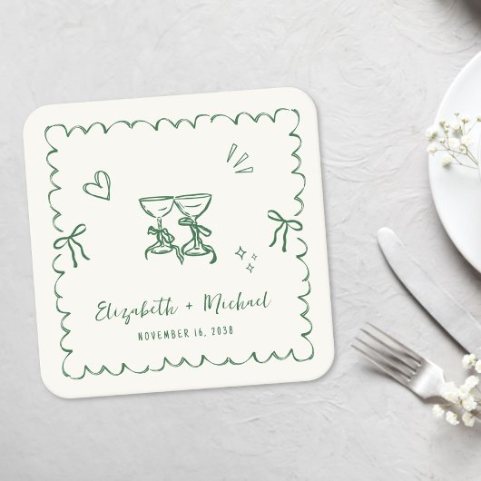 Whimsical Green Wavy Frame Cream Wedding Kartonnen Onderzetters