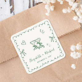 Whimsical Green Wavy Frame Cream Wedding Vierkante Sticker