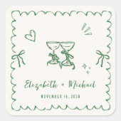 Whimsical Green Wavy Frame Cream Wedding Vierkante Sticker (Voorkant)