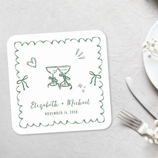Whimsical Green Wavy Frame Wedding Kartonnen Onderzetters