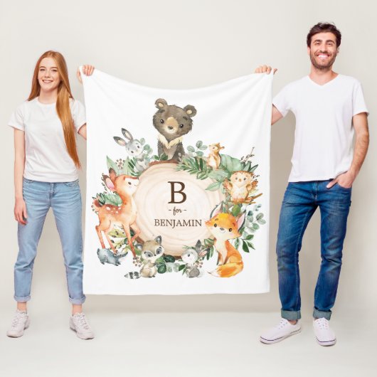 Whimsical Green Woodland Animals Baby Nusery Fleece Deken (In situ)