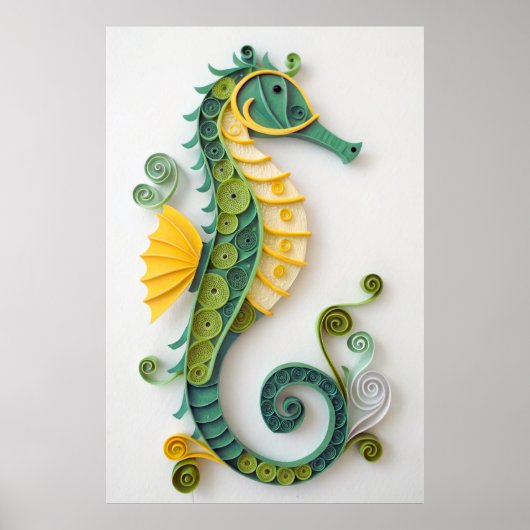 Whimsical Green & Yellow Quilled Seahorse Sculptur Poster (Voorkant)