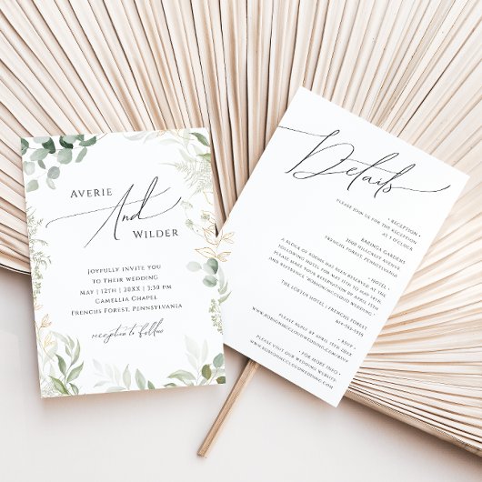 Whimsical Greenery and Gold All in One Wedding Kaart