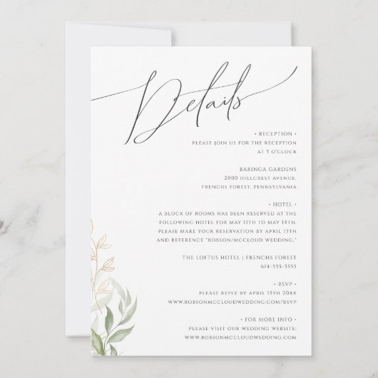 Whimsical Greenery and Gold All in One Wedding Kaart (Achterkant)