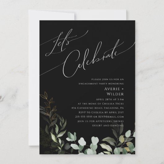 Whimsical Greenery and Gold Black Let's Celebrate Kaart (Voorkant)