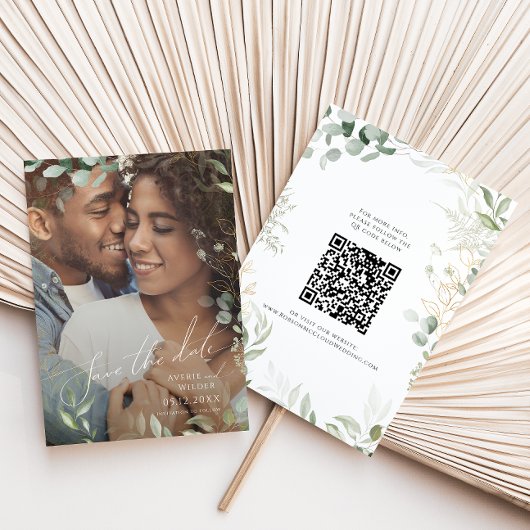 Whimsical Greenery and Gold Photo QR Code Save The Date