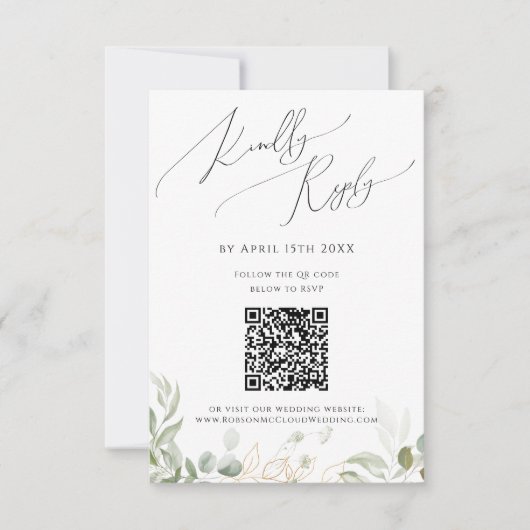 Whimsical Greenery and Gold QR Code RSVP Card (Voorkant)
