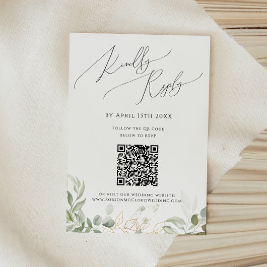 Whimsical Greenery and Gold QR Code RSVP Card Kaartje