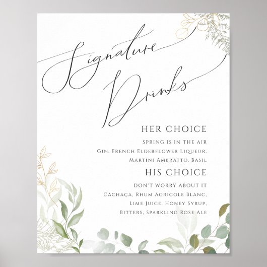 Whimsical Greenery and Gold Signature Drinken Sign Poster (Voorkant)