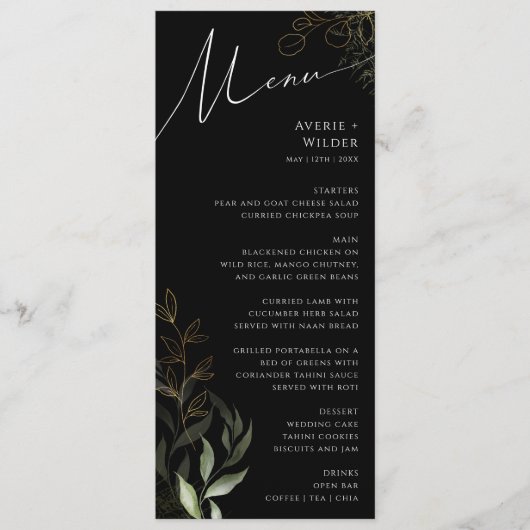 Whimsical Greenery Black and Gold Wedding Dinner Menu (Voorkant)