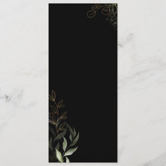 Whimsical Greenery Black and Gold Wedding Dinner Menu (Achterkant)