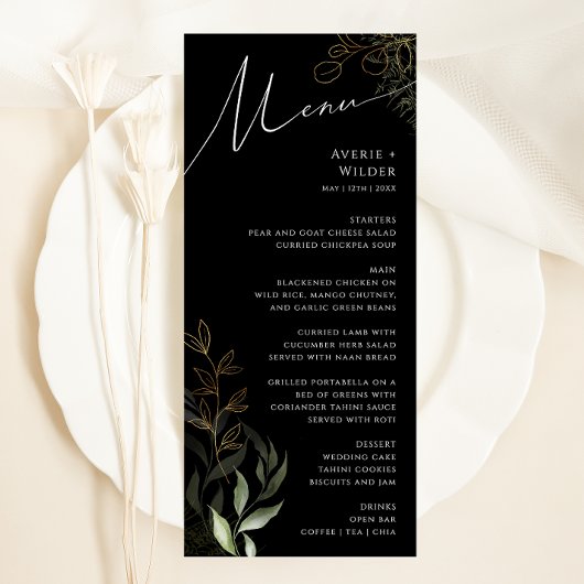 Whimsical Greenery Black and Gold Wedding Dinner Menu