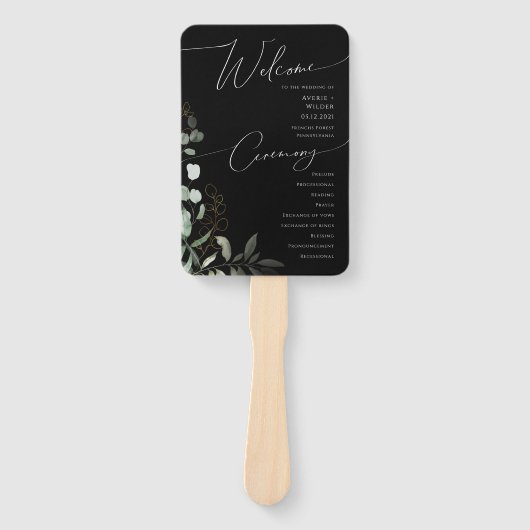 Whimsical Greenery Black and Gold Wedding Program Handwaaier (Voorkant)