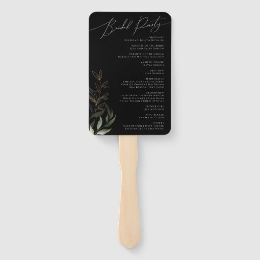 Whimsical Greenery Black and Gold Wedding Program Handwaaier (Achterkant)