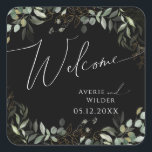 Whimsical Greenery Black and Gold Wedding Welcome Vierkante Sticker<br><div class="desc">Stap in een wereld van betovering met onze grillige groen zwart en gouden bruiloft welkom vierkante sticker, ideaal voor uw botanische lente boho bruiloft. Versierd met salie groene eucalyptus en gouden accenten, straalt deze welkome sticker elegantie en moderne grillen uit. Stel je voor dat je door een magische zomertuin slentert,...</div>