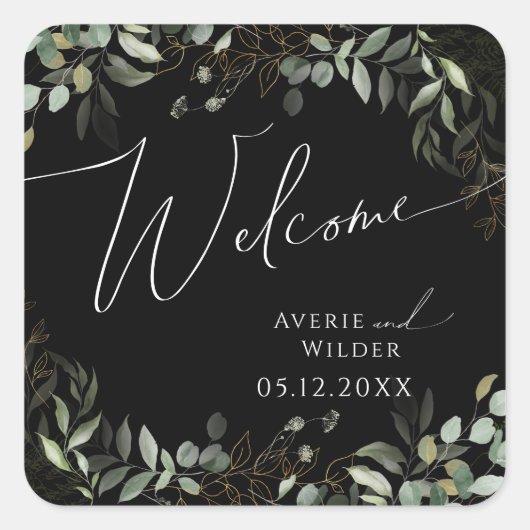 Whimsical Greenery Black and Gold Wedding Welcome Vierkante Sticker (Voorkant)