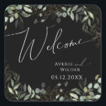Whimsical Greenery Black and Gold Wedding Welcome Vierkante Sticker<br><div class="desc">Stap in een wereld van betovering met onze grillige groen zwart en gouden bruiloft welkom vierkante sticker, ideaal voor uw botanische lente boho bruiloft. Versierd met salie groene eucalyptus en gouden accenten, straalt deze welkome sticker elegantie en moderne grillen uit. Stel je voor dat je door een magische zomertuin slentert,...</div>