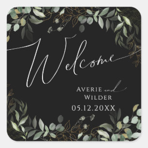 Whimsical Greenery Black and Gold Wedding Welcome Vierkante Sticker