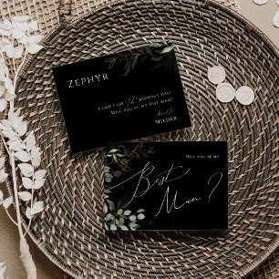 Whimsical Greenery Black en Gold Best Man Kaart