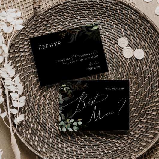 Whimsical Greenery Black en Gold Best Man Kaart